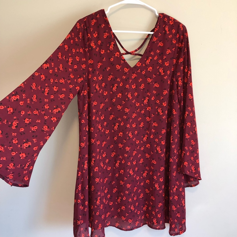 Copper Key Floral Bell Sleeve Dress in Red